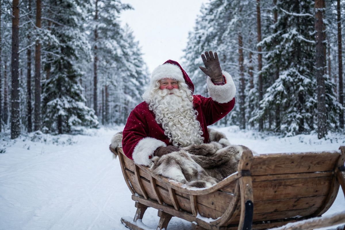 Santa Claus waving from a wooden sleigh on a snowy forest road, classic winter holiday scene.