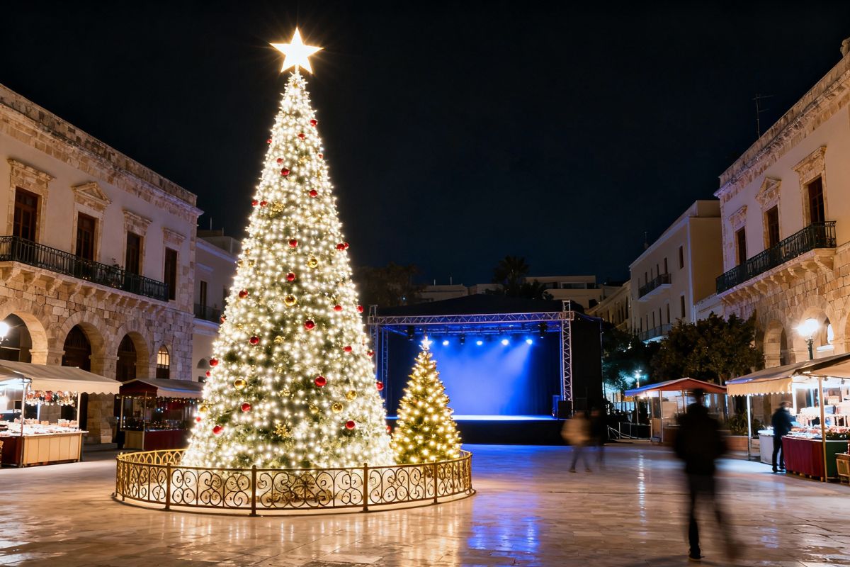 Christmas tree and holiday market in Heraklion, Crete, at night.