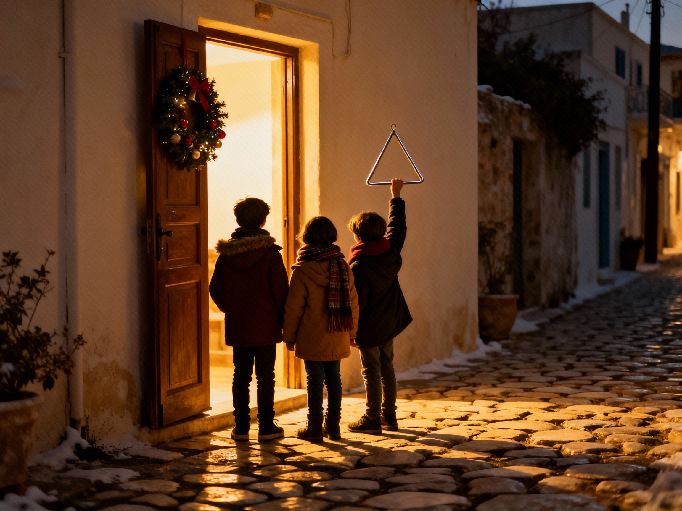 Children singing kalanda Christmas carols in Crete, holding a triangle instrument at a decorated doorway.
