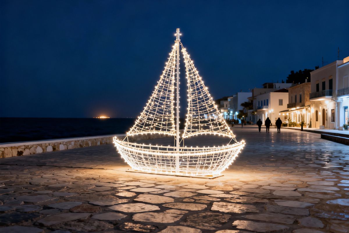 Karavaki Christmas boat lights on a seaside promenade in Crete, Greece.