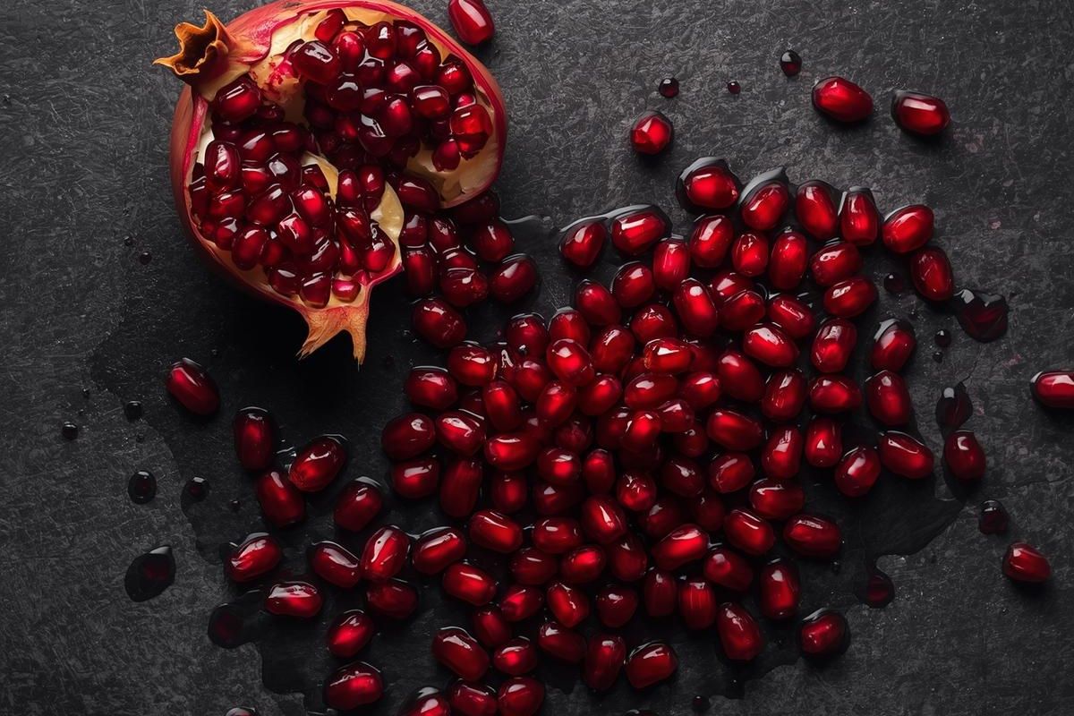 Pomegranate seeds spilled on a dark surface, a symbol of good luck in the Greek New Year tradition.