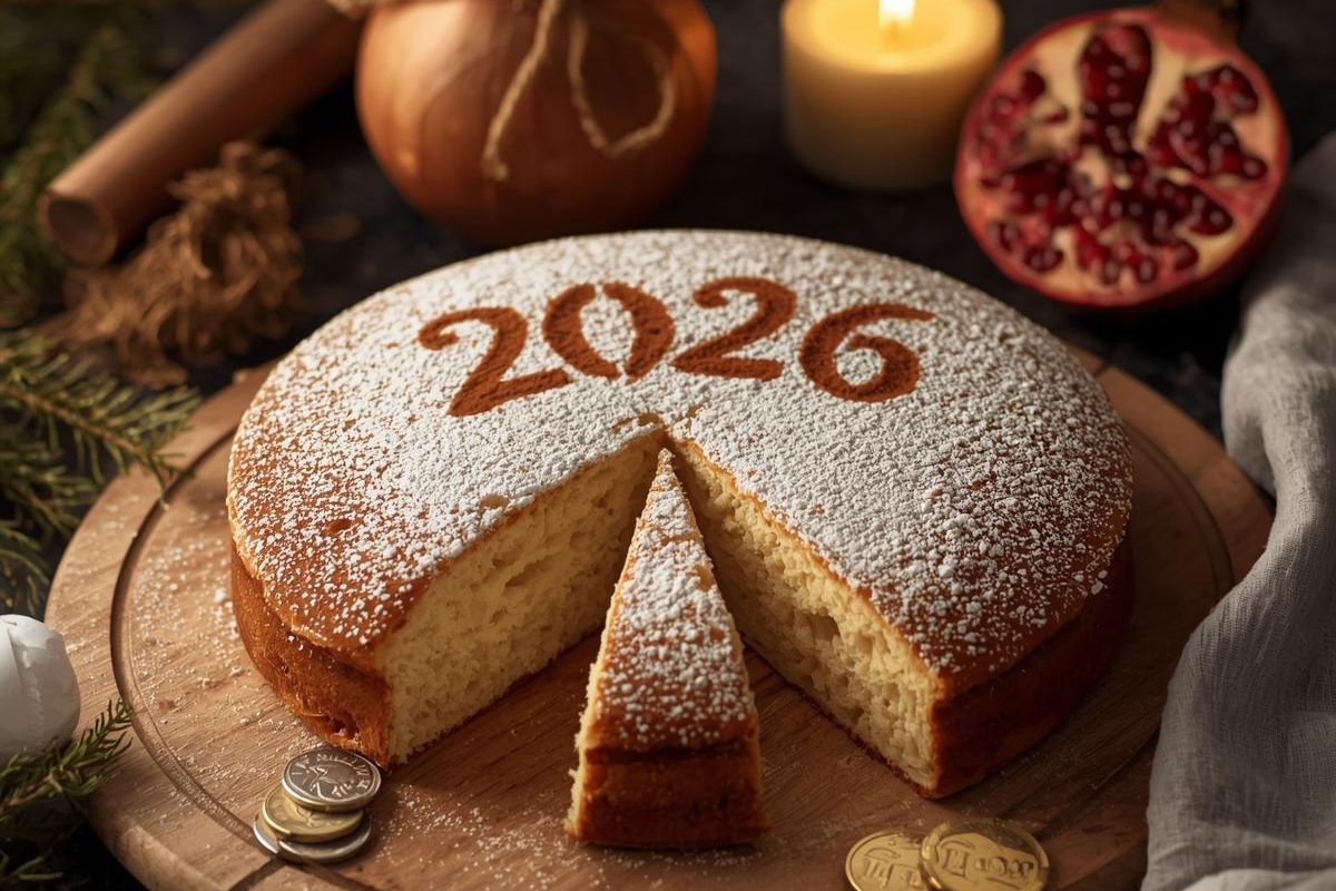 Traditional Greek vasilopita cake for the 2026 New Year, dusted with powdered sugar and served with the lucky coin (flouri).