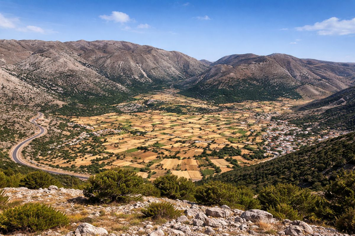 AI-generated view of Askifou Plateau in Crete with mountain valley and patchwork fields.
