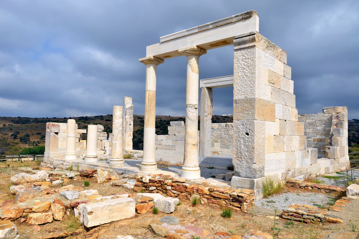 Ancient Temple of Demeter ruins in Naxos, Greece, linked to Divine Feminine Goddess mythology and sacred feminine worship.
