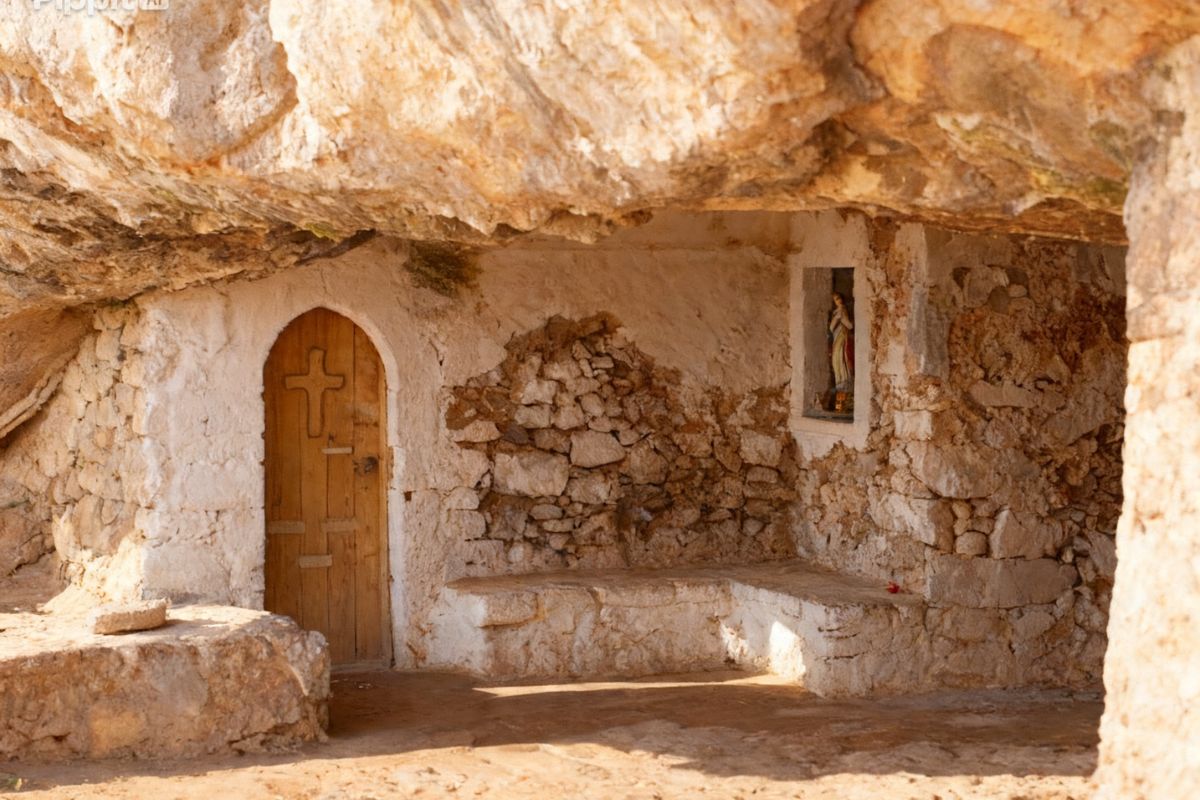 Arkoudospilios Cave in Chania, Crete, with a small chapel built into the natural rock formation.