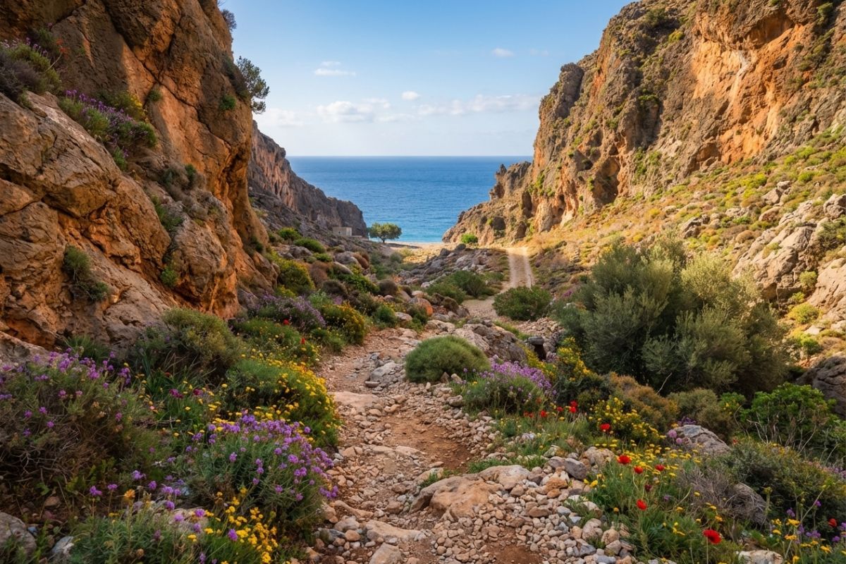 Agia Irini Gorge trail in Crete with wildflowers, rocky landscape, and sea view in spring.