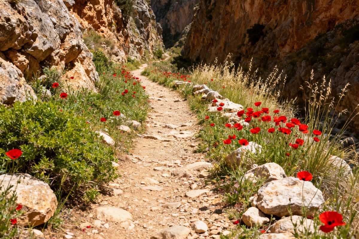 Red poppies blooming beside a gorge trail in Crete, Greece, during spring.