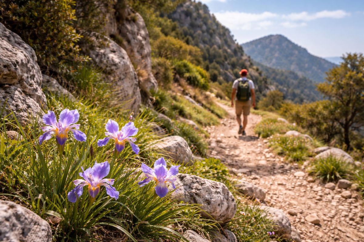 Hiker on a mountain trail in Crete with Cretan iris flowers in the foreground during spring.