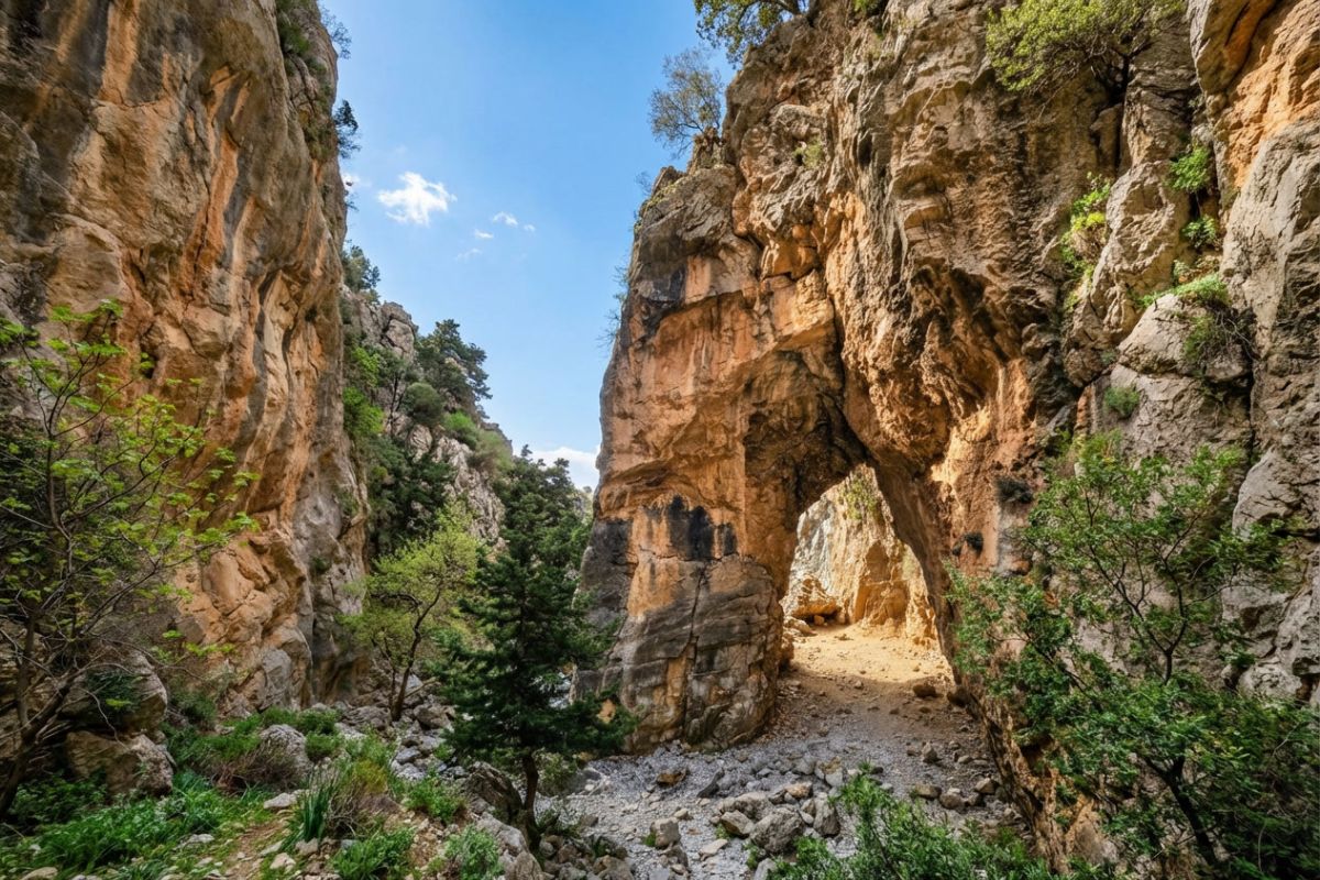 Imbros Gorge narrow passage in Crete with limestone walls, spring greenery, and a hiking trail.