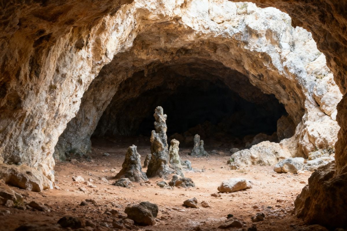 Skotino Cave in Crete with natural limestone formations and a shadowy underground chamber.