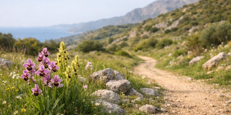 Wild orchids blooming beside a hiking trail in Crete in April, with spring greenery and mountain views.