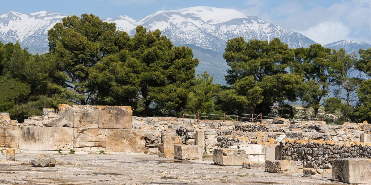 Central courtyard of Phaistos Palace in Crete with mountain views