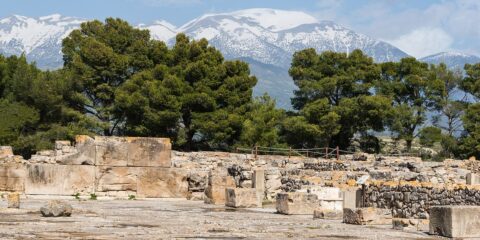 Central courtyard of Phaistos Palace in Crete with mountain views
