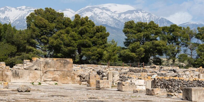 Central courtyard of Phaistos Palace in Crete with mountain views