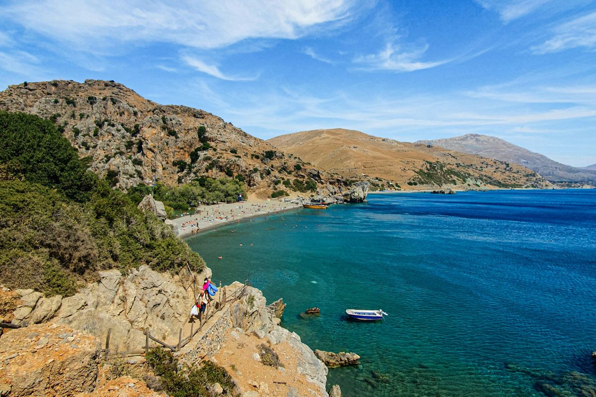 Stone path on the hike to Preveli Beach Crete overlooking the Libyan Sea coast.