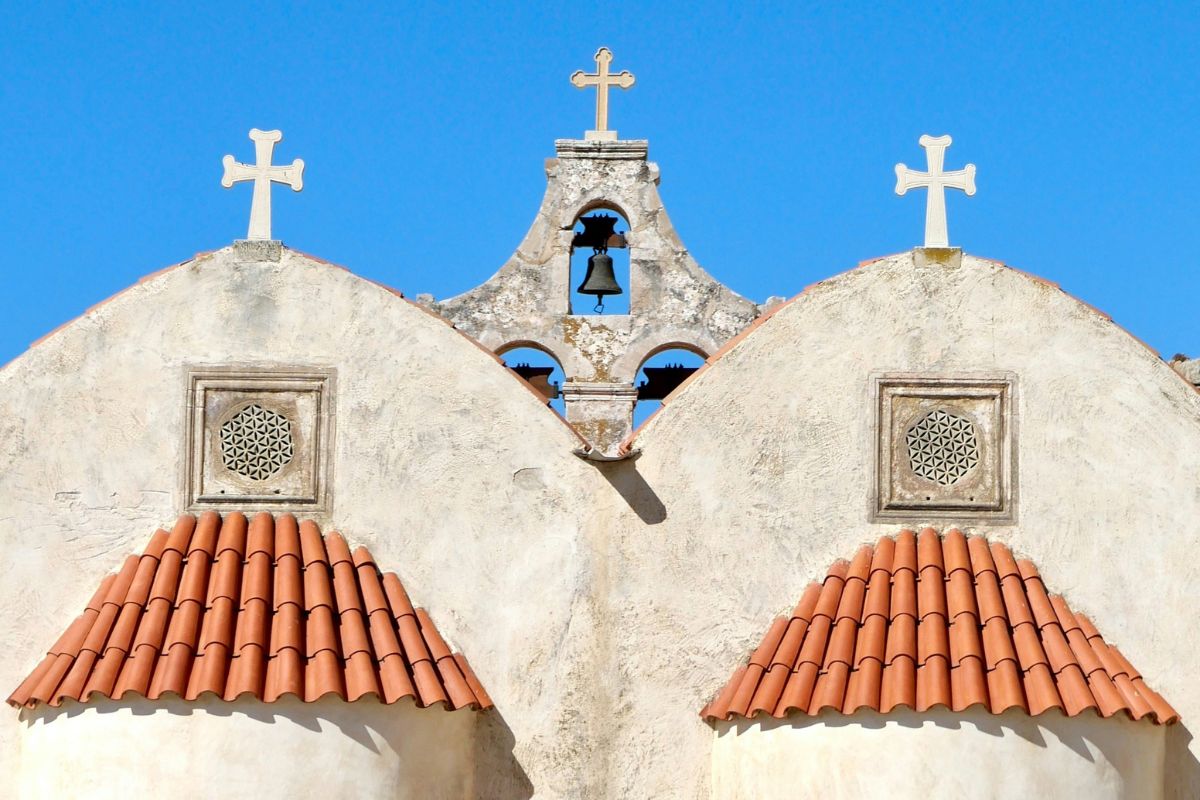 The historic Preveli monastery Crete overlooking the sea on the Rethymno south coast.