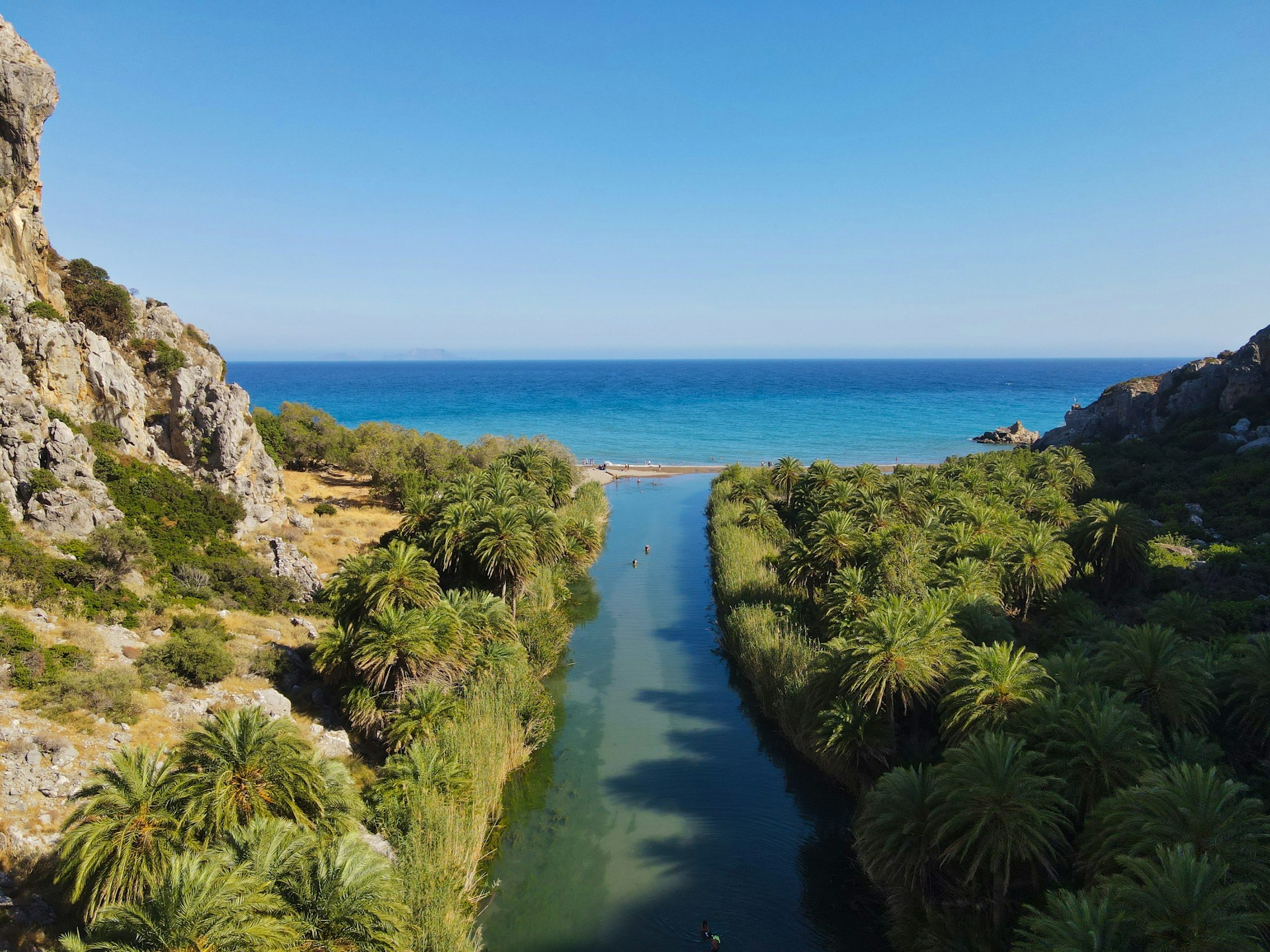 A view from above, taken at the Preveli palm forest, a paradise located in southern Crete, Greece.
