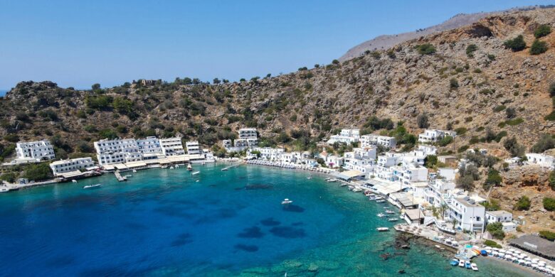 A view above the Loutro bay, which is located in southwestern Crete, Greece.