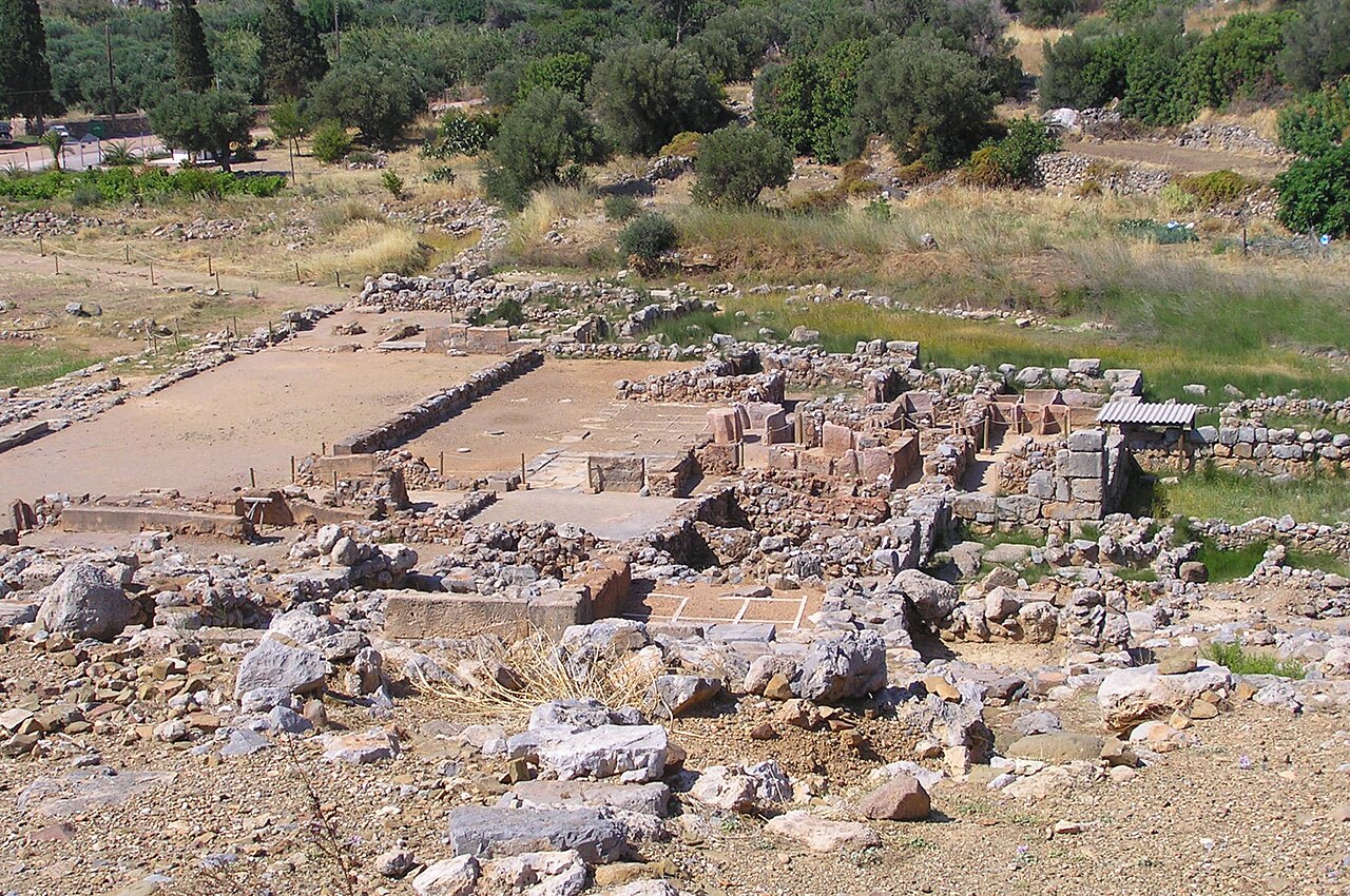 Ancient stone wall and ruins at the Minoan Palace of Kato Zakros in Crete