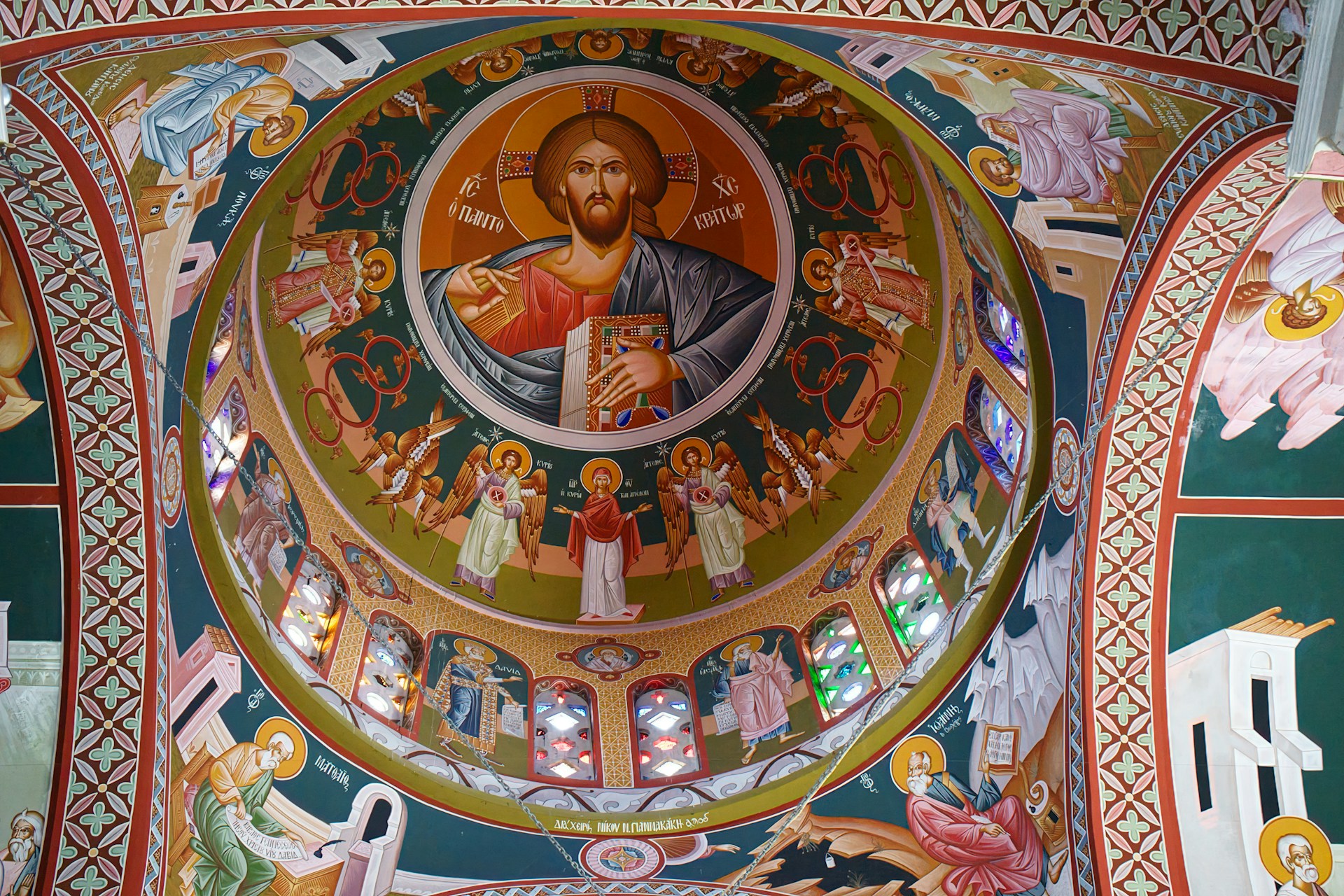 A painting of Jesus Christ Pantocrator (Greek: Χριστὸς Παντοκράτωρ) in the dome of a Greek church. Kandanos, Crete, Greece. Pantocrator or Pantokrator, literally ruler of all, but usually translated as "Almighty" or "all-powerful".