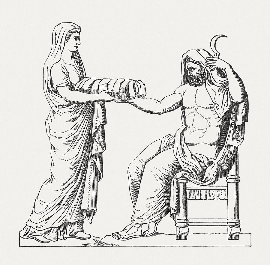 Rhea presenting Cronus with a stone wrapped in cloth in an 1878 Greek mythology engraving