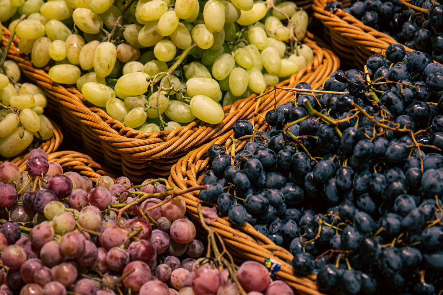 Baskets with different types of grapes on a supermarket showcase