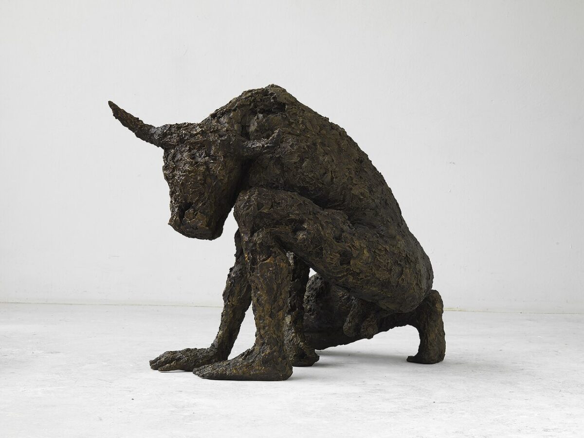 Minotaur of Crete in Greek mythology, depicted as a half-man, half-bull in a bronze sculpture by Stuart Wolfe