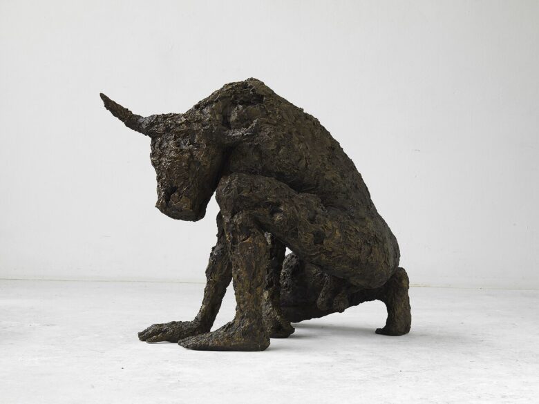 Minotaur of Crete in Greek mythology, depicted as a half-man, half-bull in a bronze sculpture by Stuart Wolfe