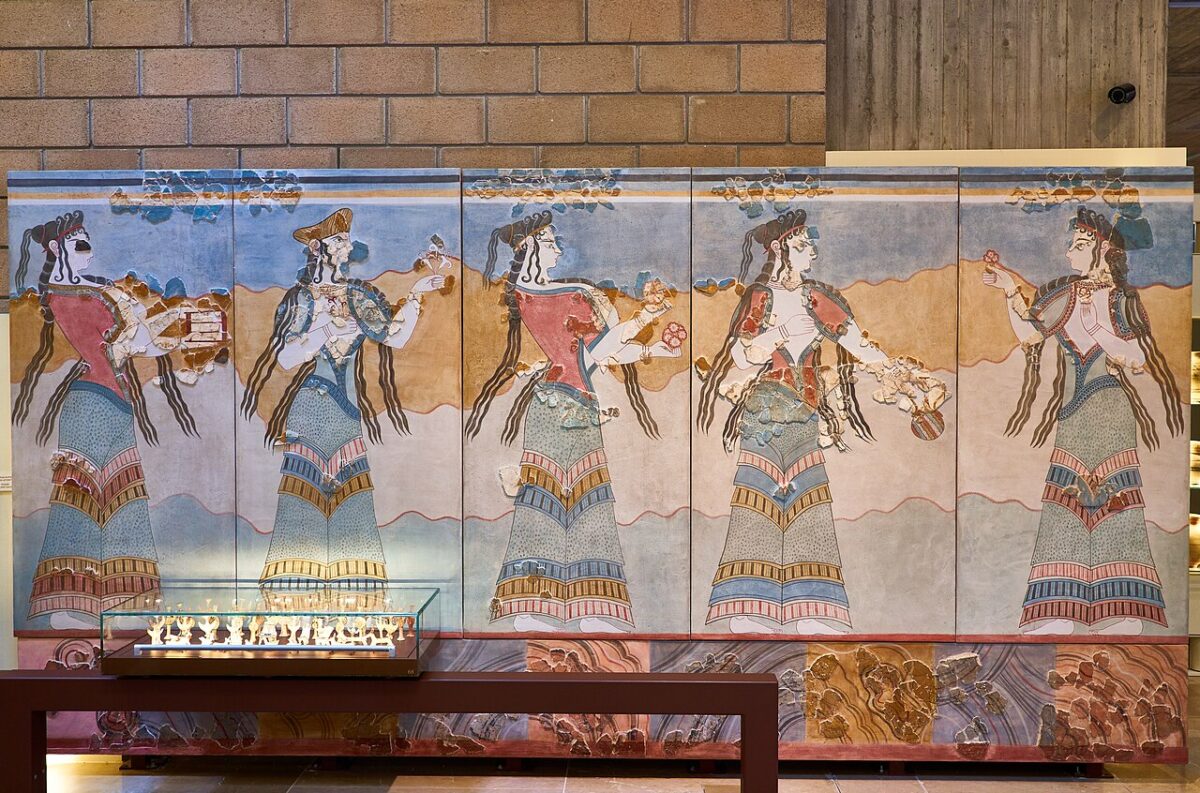Mycenaean fresco from the Palace of Thebes depicting female worshippers carrying offerings, Archaeological Museum of Thebes, Greece.