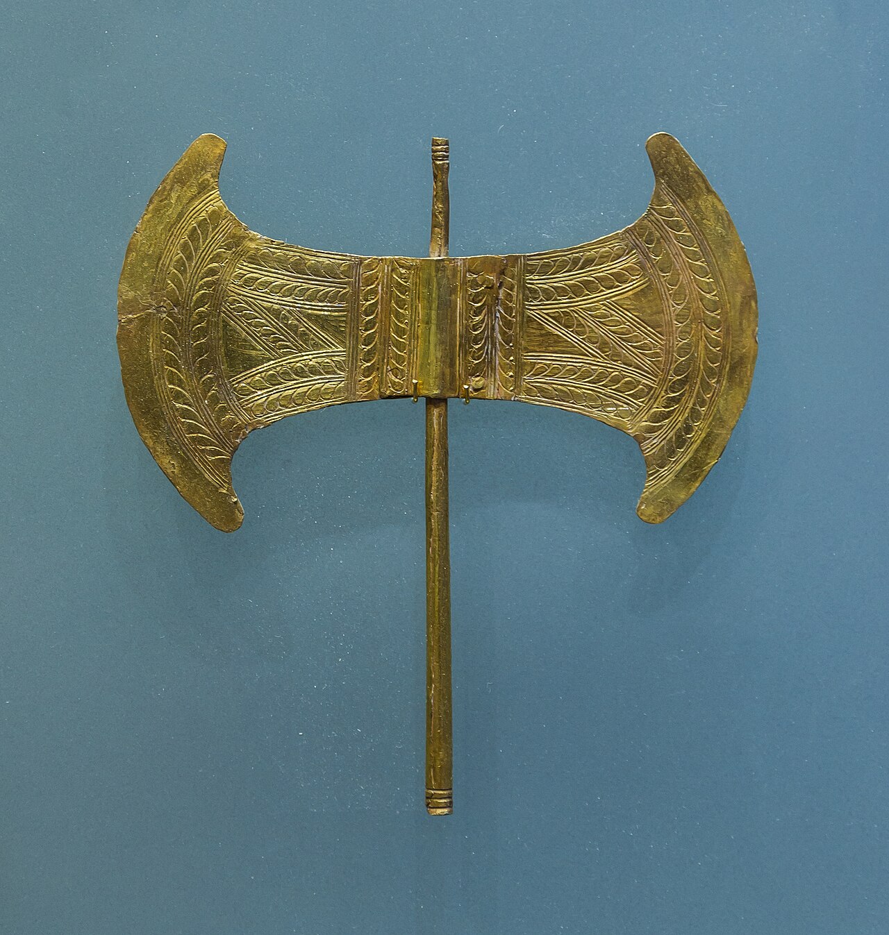 Ancient Minoan golden double axe (labrys) from Arkalochori Cave, Crete, displayed at the Heraklion Archaeological Museum