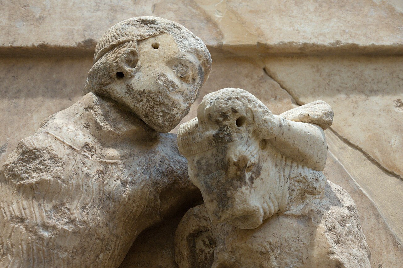 Ancient Greek stone relief of Theseus fighting the Minotaur of Crete, from the Treasury of the Athenians at Delphi, circa 500 BCE
