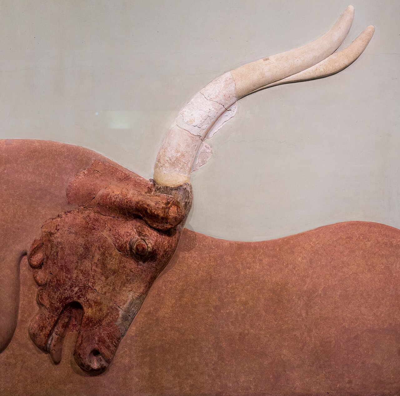 Ancient Minoan bull fresco from Knossos Palace in Crete, depicting bulls among olive trees, displayed at the Heraklion Archaeological Museum Copy alt text